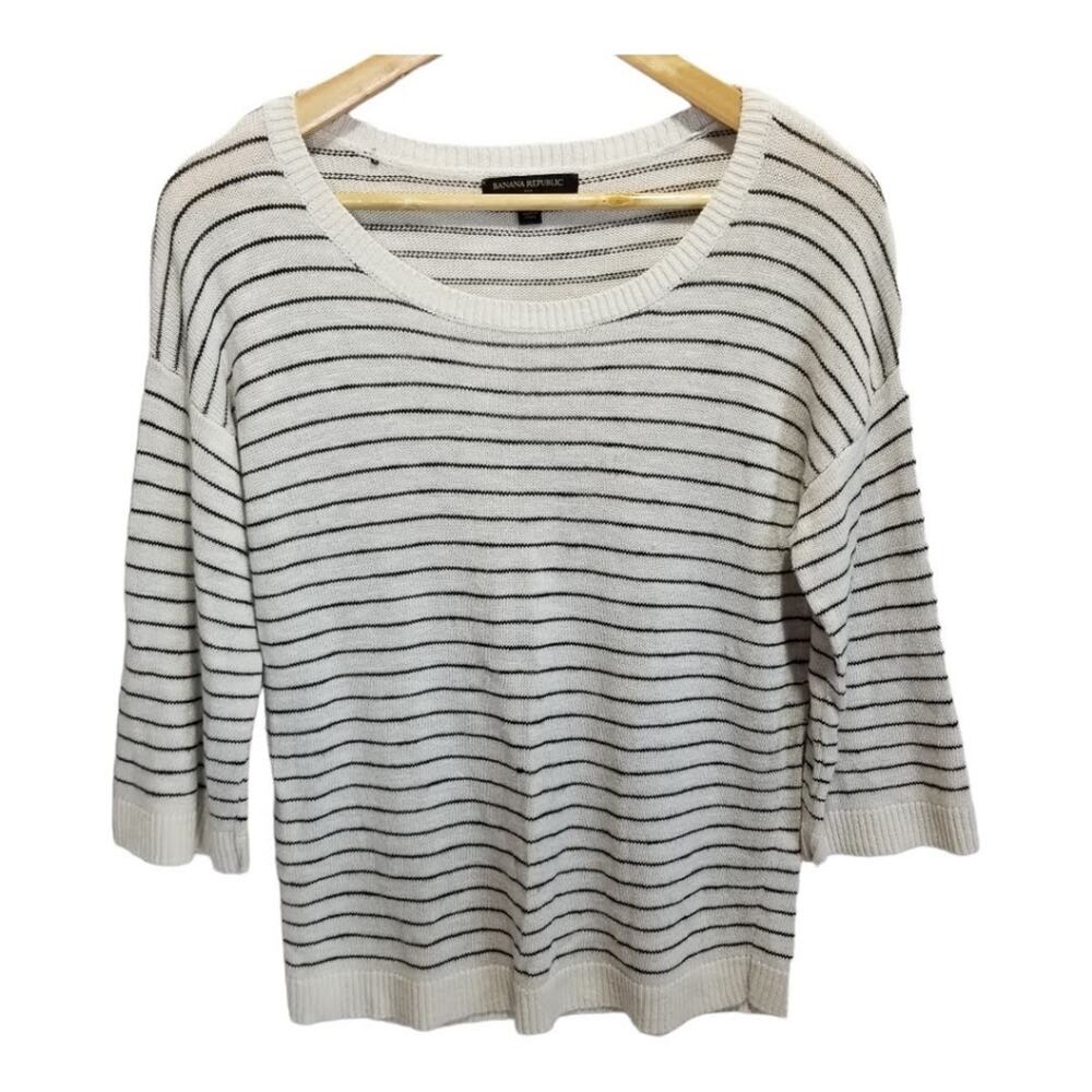 Banana Republic Summer 3/4 Sleeve Sweater Cream black striped Lightweight XS